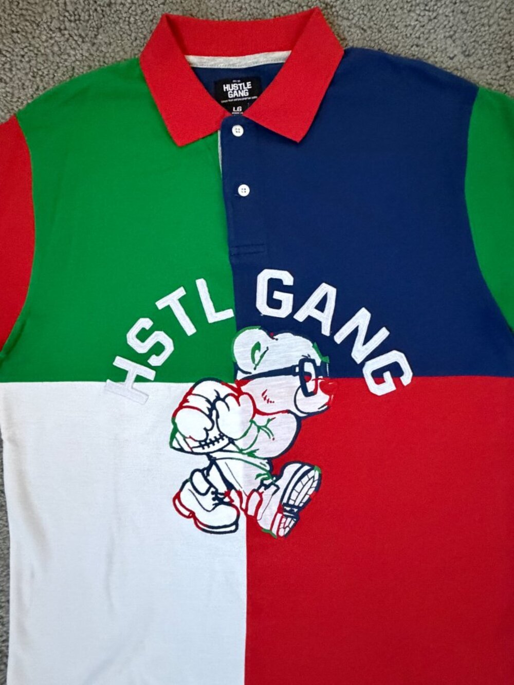 Hustle Gang Men's Big Mood Colorblock Polo Shirt Size Large L Trap Uniform Bear - Picture 2 of 13